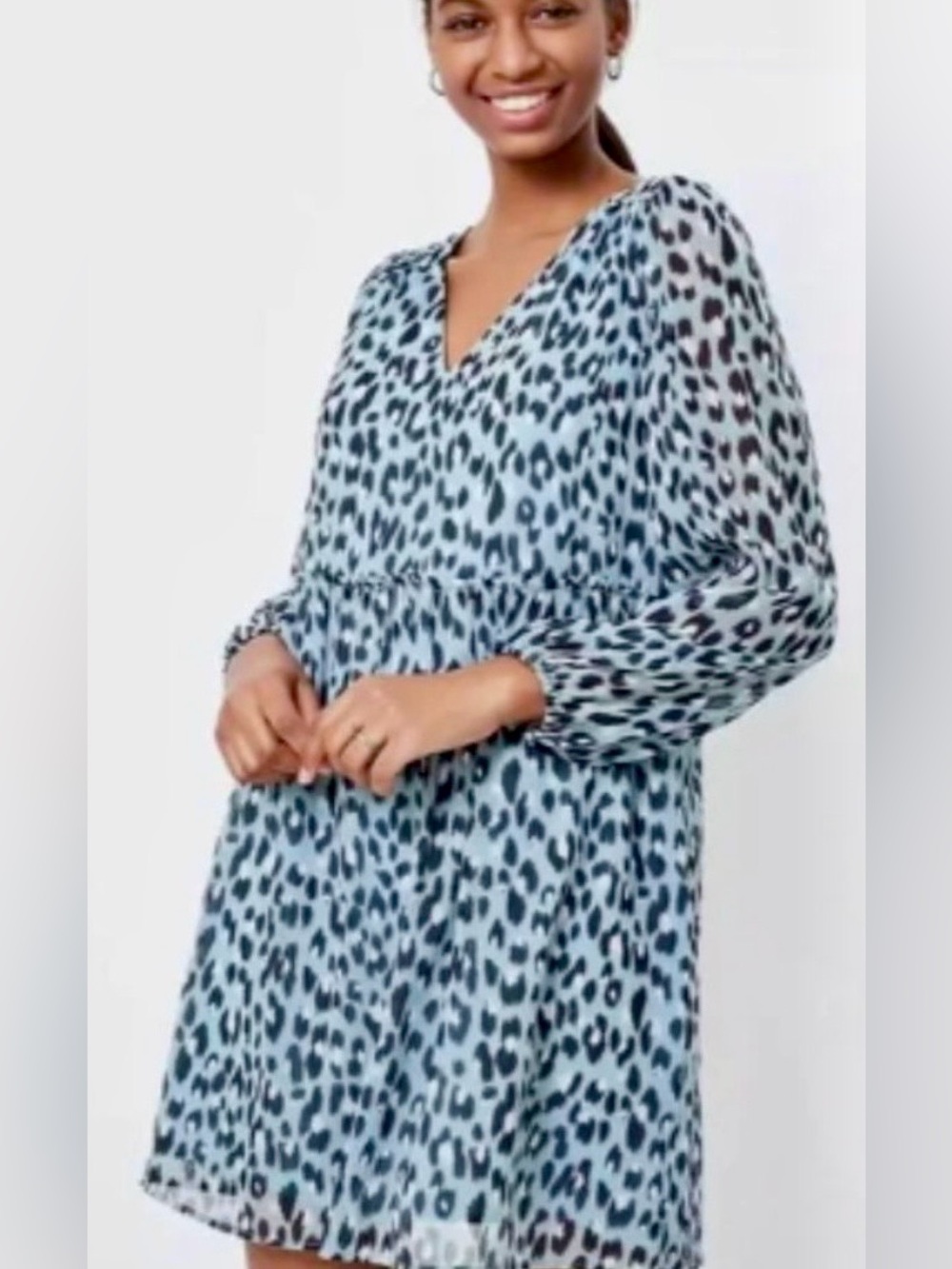 LOFT Light Blue and Black Leopard Print Long Sleeve Dress
